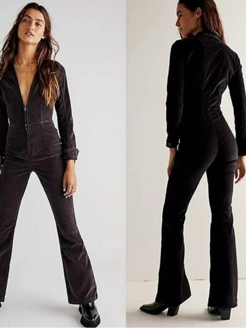 We The Free Free People Jovi cord Black Velvet Zip-Front Jumpsuit